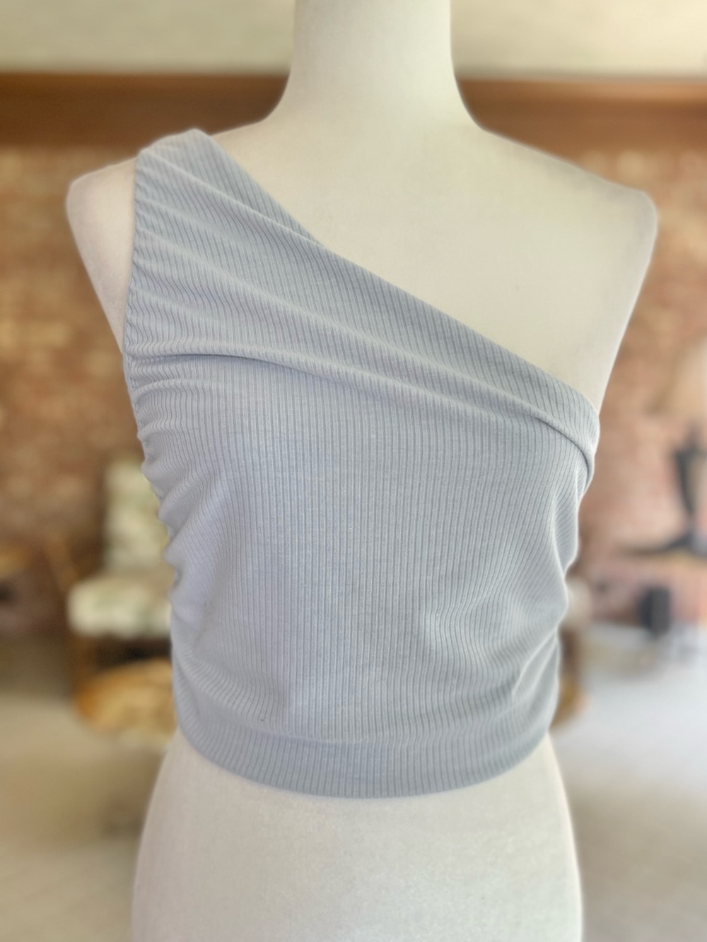 Endless Blu One Shoulder Blue Ribbed Knit Ruched Crop Top L